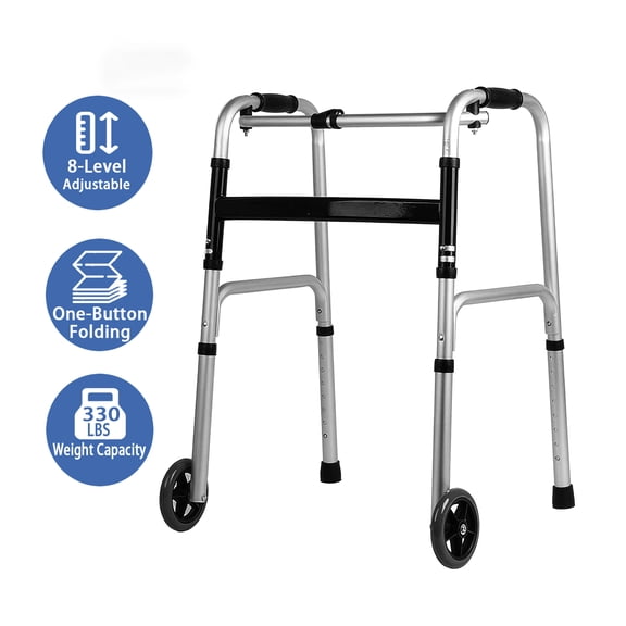 BN-LINK Folding Walker with 5'' Wheels,Adjustable Lightweight Walker for Senior, Aluminum Walker for Elderly,Disabled,330 lbs Capacity, Silver