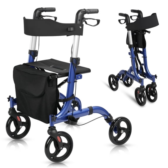 BN-LINK Rollator Walker for Seniors,Foldable Rolling Walker with Seat, 8" Wheels Lightweight Walker, 6 Level Height Adjustable, 330 lb Weight Capacity,Blue