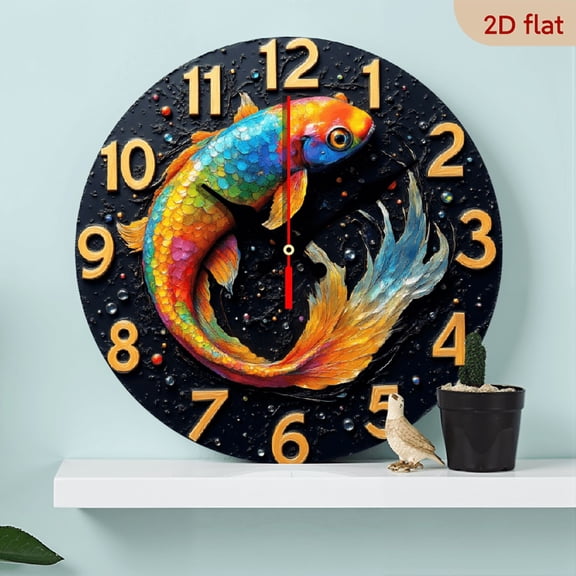 A wall-mounted clock featuring a colorful koi fish theme. On a black background, the koi fish with gradient colors and flashing decorations are both magnificent and lively.
