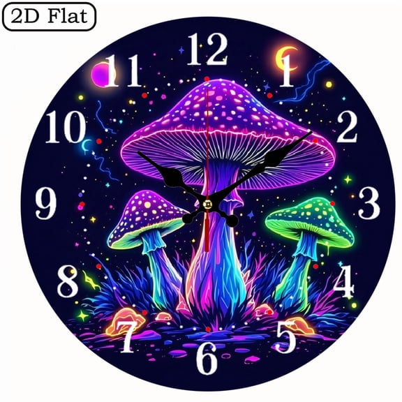 A wall-mounted clock featuring a cyber neon mushroom theme. Three giant mushrooms emit purple, blue and green neon light effects, creating an overall psychedelic cyberpunk-style starry sky scene.