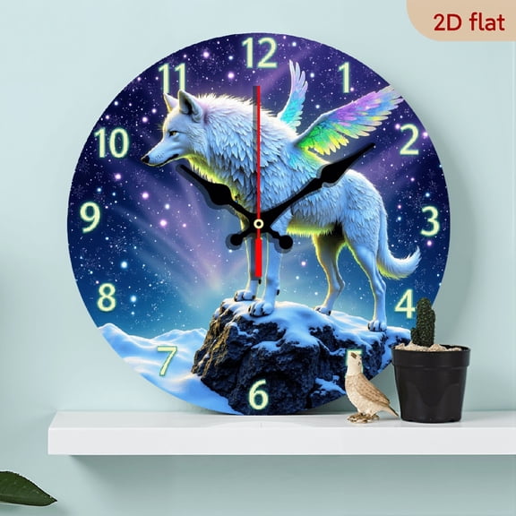 A wall-mounted clock, featuring a mythical winged white wolf as the main theme. The winged white wolf stands on a snow-covered rock, exuding a dreamy and mysterious atmosphere.