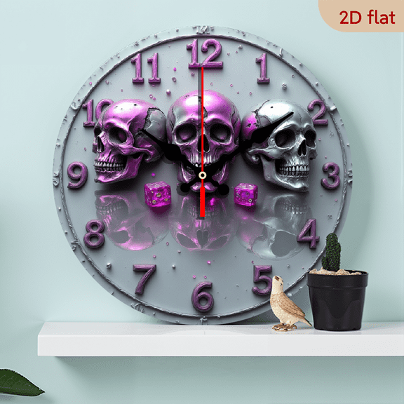 A wall-mounted clock featuring a purple-silver skeleton theme. The mirror-like purple-silver skeleton and dice combine futuristic metal style with eerie and fashionable elements.