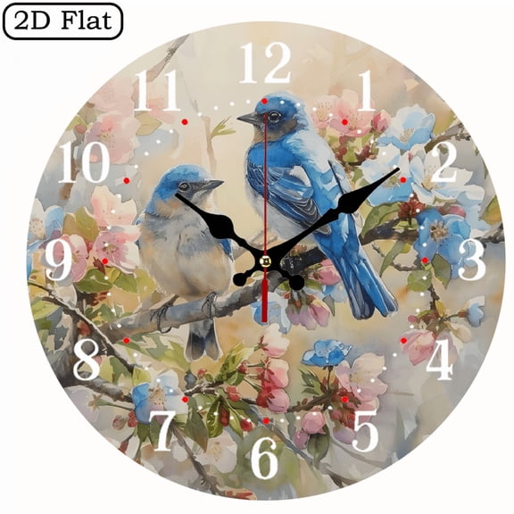 A wall-mounted clock featuring the theme of cherry blossoms and blue birds. It is designed in a watercolor style, creating a refreshing and gentle atmosphere of spring.