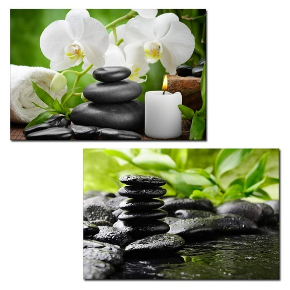 wall26 - 2 Panel Canvas Wall Art - Spa Still Life with Black Zen Stones and White Flowers - Giclee Print Gallery Wrap Modern Home Art Ready to Hang - 16"x24" x 2 Panels