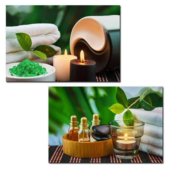 wall26 - 2 Panel Canvas Wall Art - Spa Still Life with Towels and Candles - Giclee Print Gallery Wrap Modern Home Art Ready to Hang - 16"x24" x 2 Panels