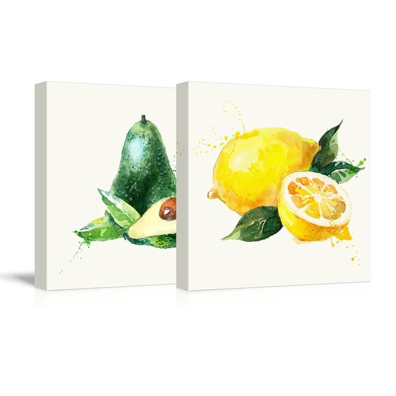 wall26 - 2 Panel Square Canvas Wall Art - Avocado and Lemon Watercolor | Fruits Watercolor Art and Illustrations - Giclee Print Gallery Wrap Modern Home Art Ready to Hang - 24"x24" x 2 Pane