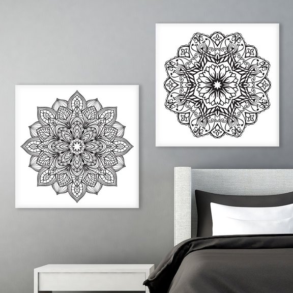 wall26 2 Panel Square Canvas Wall Art - Black and White Floral Pattern Patterns - Giclee Print Gallery Wrap Modern Home Art Ready to Hang - 16"x16" x 2 Panels