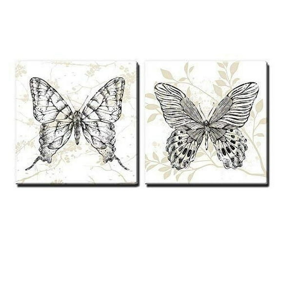 wall26-2 Panel Square Canvas Wall Art - Butterflies on Floral Background - Giclee Print Gallery Wrap Modern Home Art Ready to Hang - 12"x12" x 2 Panels