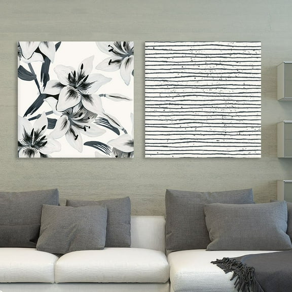 wall26 2 Panel Square Canvas Wall Art - Floral and Abstract Lines Patterns - Giclee Print Gallery Wrap Modern Home Art Ready to Hang - 24"x24" x 2 Panels
