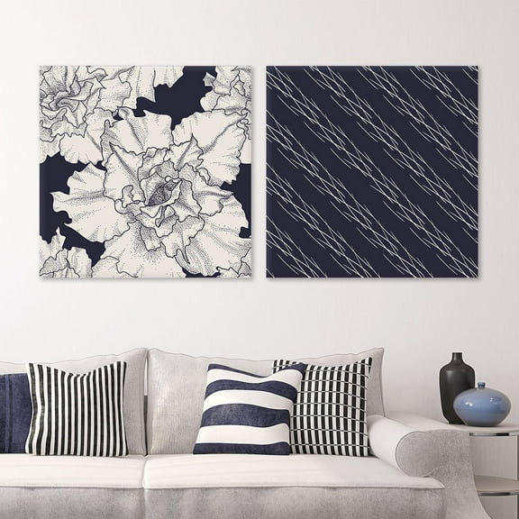 wall26 2 Panel Square Canvas Wall Art - Floral and Black Abstract Pattern Patterns - Giclee Print Gallery Wrap Modern Home Art Ready to Hang - 24"x24" x 2 Panels
