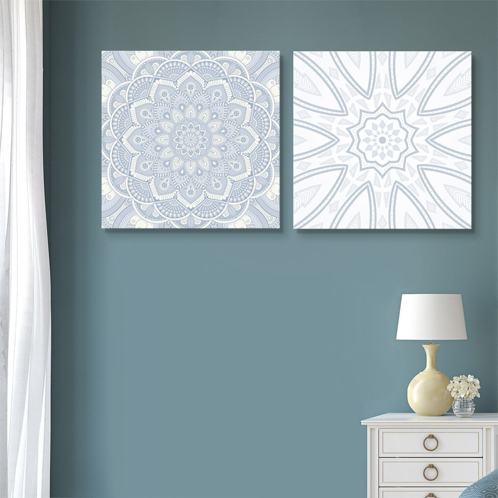 Light Blue and White Mandala Pattern Framed Canvas Wall Art Set