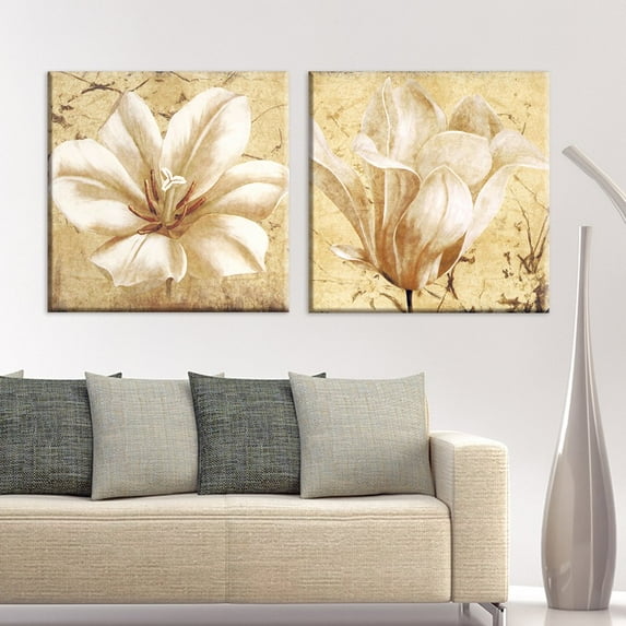 wall26 2 Panel Square Canvas Wall Art - Vintage Style White Flower Petals - Giclee Print Gallery Wrap Modern Home Art Ready to Hang - 24"x24" x 2 Panels