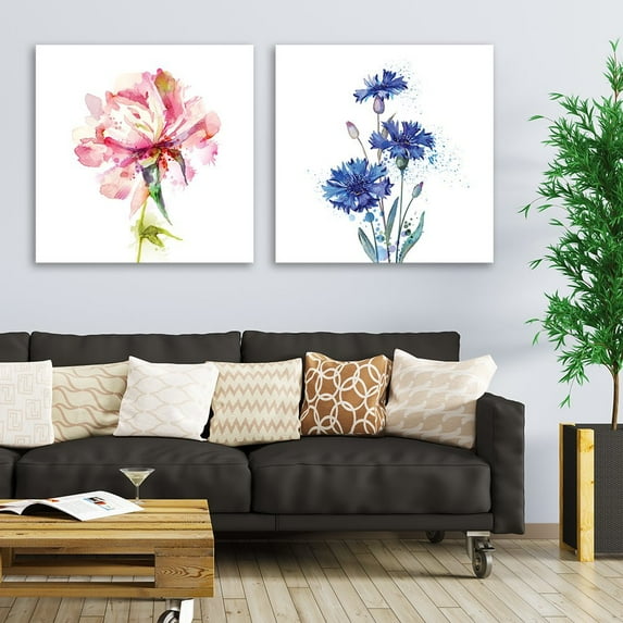 wall26-2 Panel Square Canvas Wall Art - Watercolor Style Pink and Blue Flowers on White Background - Giclee Print Gallery Wrap Modern Home Art Ready to Hang - 24"x24" x 2 Panels