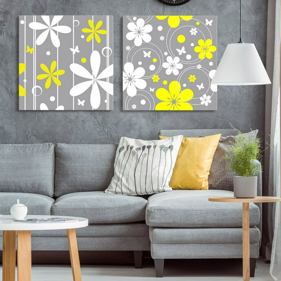 wall26 2 Panel Square Canvas Wall Art - White and Yellow Floral Patterns - Giclee Print Gallery Wrap Modern Home Art Ready to Hang - 24"x24" x 2 Panels