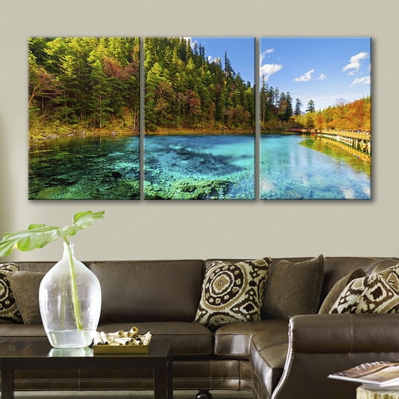 wall26 3 Panel Canvas Wall Art - Beautiful Landscape of Clear Lake and Trees During The Fall Season - Giclee Print Gallery Wrap Modern Home Art Ready to Hang - 16"x24" x 3 Panels