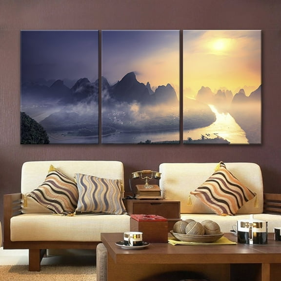 wall26 3 Panel Canvas Wall Art - Bird View Landscape of Mountains,Rivers and Village in The Evening - Giclee Print Gallery Wrap Modern Home Art Ready to Hang - 24"x36" x 3 Panels