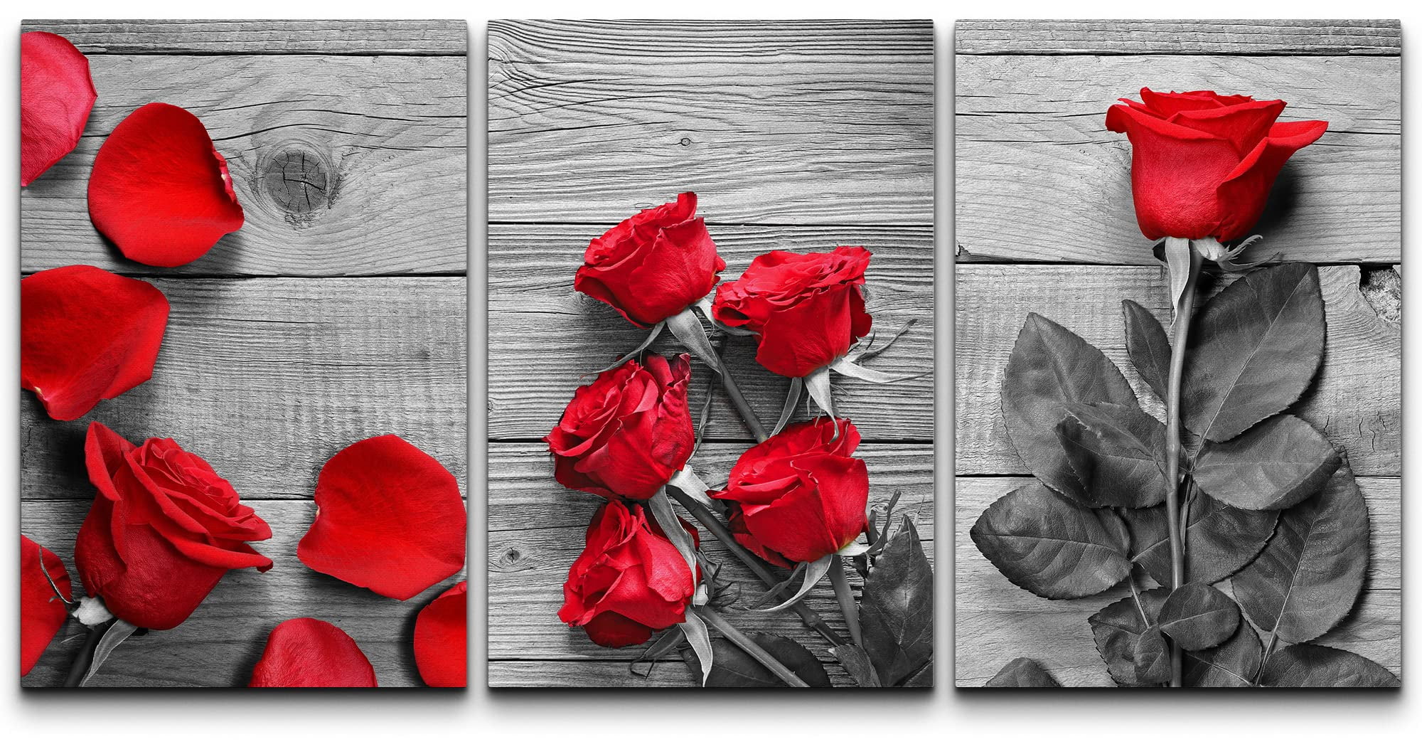 wall26 3 Panel Canvas Wall Art - Black and White Roses with Touch of ...