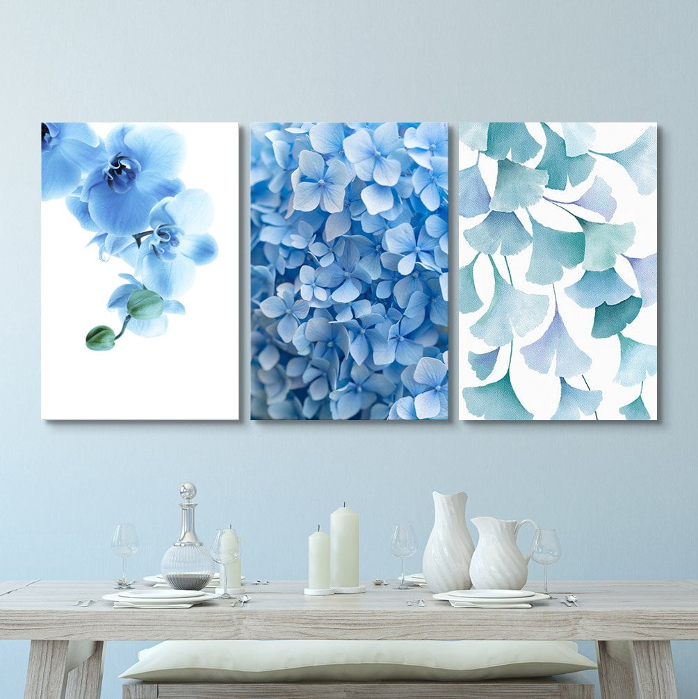 wall26-3 Panel Canvas Wall Art - Blue Flowers and Leaves - Giclee Print ...