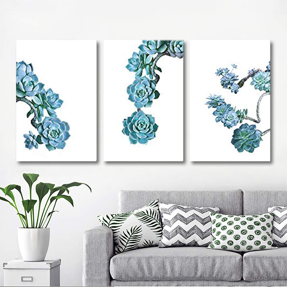 wall26-3 Panel Canvas Wall Art - Blue Succulent Plants on White ...