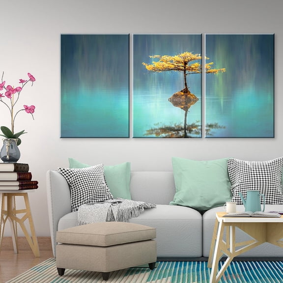 wall26 - 3 Panel Canvas Wall Art - Calm Lake with a Tree Growing on a Very Small Island - Giclee Print Gallery Wrap Modern Home Art Ready to Hang - 24"x36" x 3 Panels