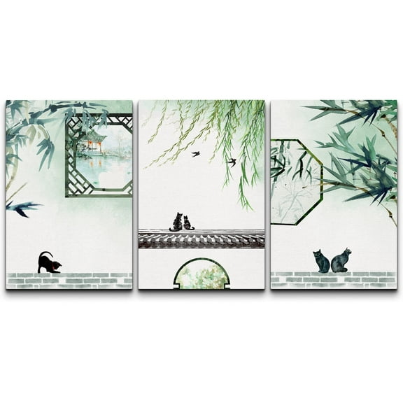 wall26 - 3 Panel Canvas Wall Art - Cats Playing in a Chinese Garden Watercolor Art - Giclee Print Gallery Wrap Modern Home Art Ready to Hang - 24"x36" x 3 Panels