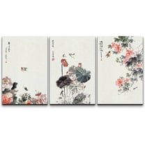 wall26-3 Panel Canvas Wall Art - Chinese Ink Painting of Flowers and Birds - Giclee Print Gallery Wrap Modern Home Art Ready to Hang - 24"x36" x 3 Panels