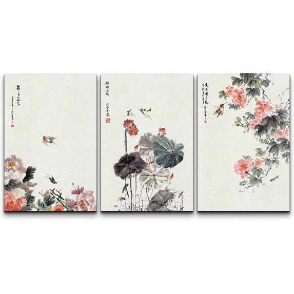 wall26-3 Panel Canvas Wall Art - Chinese Ink Painting of Flowers and Birds - Giclee Print Gallery Wrap Modern Home Art Ready to Hang - 24"x36" x 3 Panels