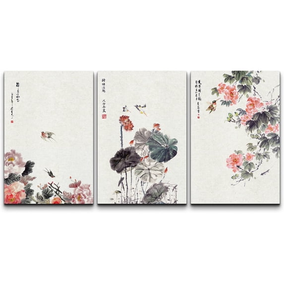 wall26-3 Panel Canvas Wall Art - Chinese Ink Painting of Flowers and Birds - Giclee Print Gallery Wrap Modern Home Art Ready to Hang - 16"x24" x 3 Panels