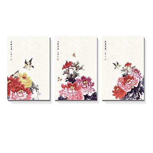 wall26-3 Panel Canvas Wall Art - Chinese Ink Painting of Flowers and Birds - Giclee Print Gallery Wrap Modern Home Art Ready to Hang - 16"x24" x 3 Panels
