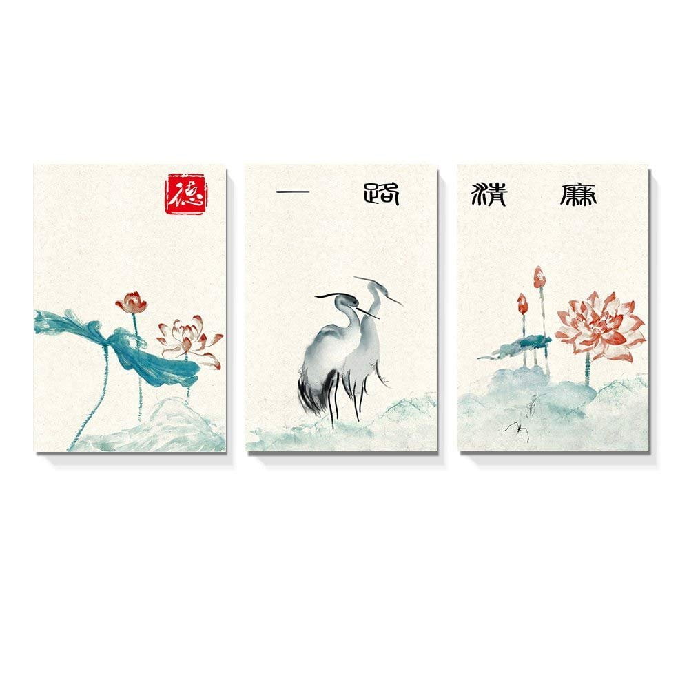 wall26 - 3 Panel Canvas Wall Art - Chinese Ink Painting Herons and ...