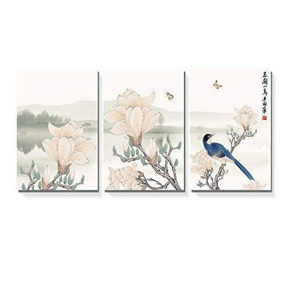 wall26-3 Panel Canvas Wall Art - Chinese Ink Painting of Mountain and Lake Landscape with Flowers and Birds - Giclee Print Gallery Wrap Modern Home Art Ready to Hang - 16"x24" x 3 Panels