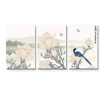 wall26-3 Panel Canvas Wall Art - Chinese Ink Painting of Mountain and Lake Landscape with Flowers and Birds - Giclee Print Gallery Wrap Modern Home Art Ready to Hang - 16"x24" x 3 Panels