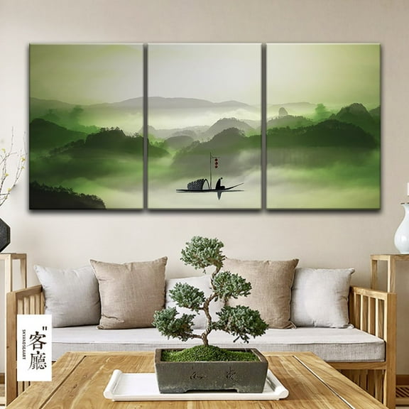 wall26 3 Panel Canvas Wall Art - Chinese Ink Painting Style Alone Boat on Calm River Among Mountains in Mist - Giclee Print Gallery Wrap Modern Home Art Ready to Hang - 24"x36" x 3 Panels