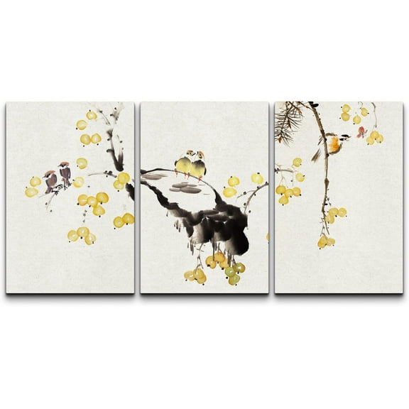 wall26-3 Panel Canvas Wall Art - Chinese Ink Painting Style Birds on Tree Branch with Small Yellow Fruits - Giclee Print Gallery Wrap Modern Home Art Ready to Hang - 24"x36" x 3 Panels
