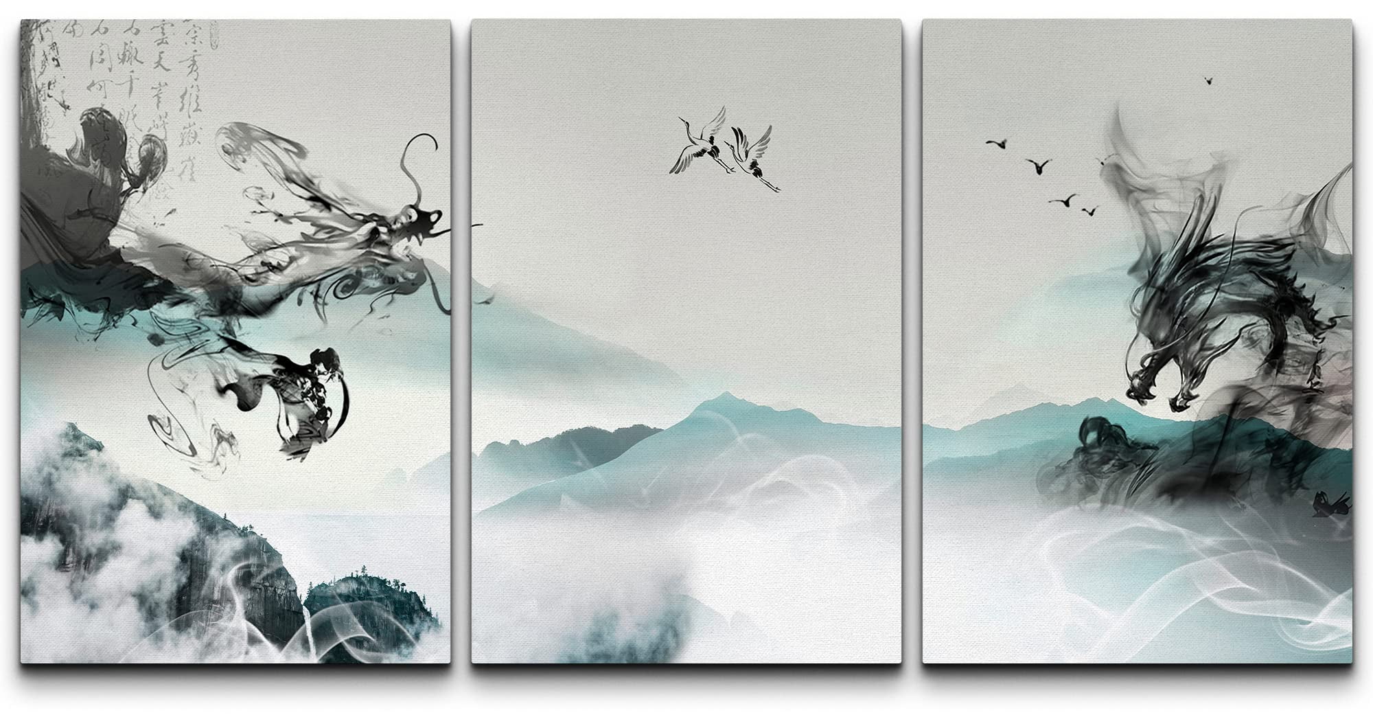 wall26 3 Panel Canvas Wall Art - Chinese Ink Painting Style Mountains ...