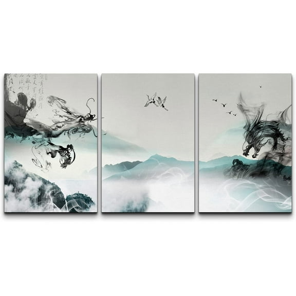wall26 3 Panel Canvas Wall Art - Chinese Ink Painting Style Mountains Among The Mist with Rising Red Sun - Giclee Print Gallery Wrap Modern Home Art Ready to Hang - 24"x36" x 3 Panels