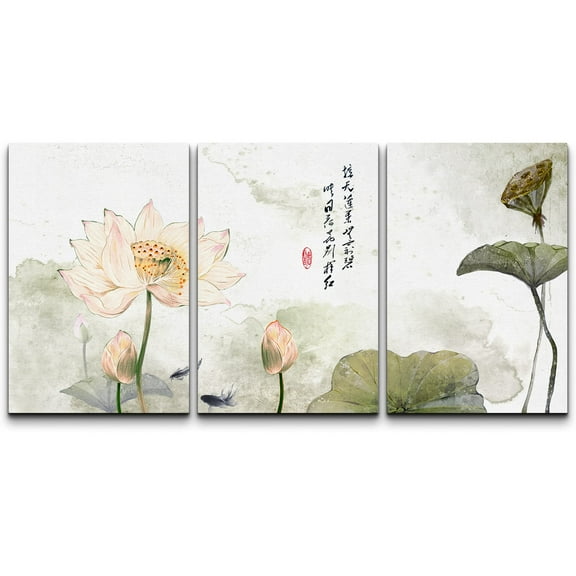wall26 - 3 Panel Canvas Wall Art - Chinese Ink and Wash Painting Style Lotus Flowers - Giclee Print Gallery Wrap Modern Home Art Ready to Hang - 16"x24" x 3 Panels
