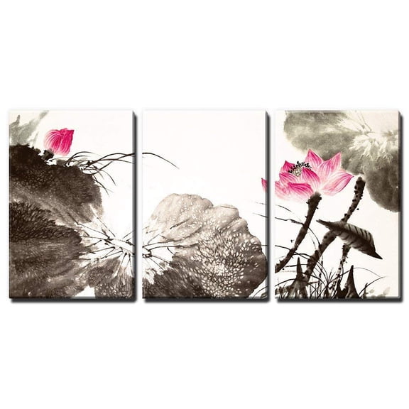 wall26 - 3 Panel Canvas Wall Art - Chinese Ink and Wash Painting Style Lotus Flowers - Giclee Print Gallery Wrap Modern Home Art Ready to Hang - 16"x24" x 3 Panels