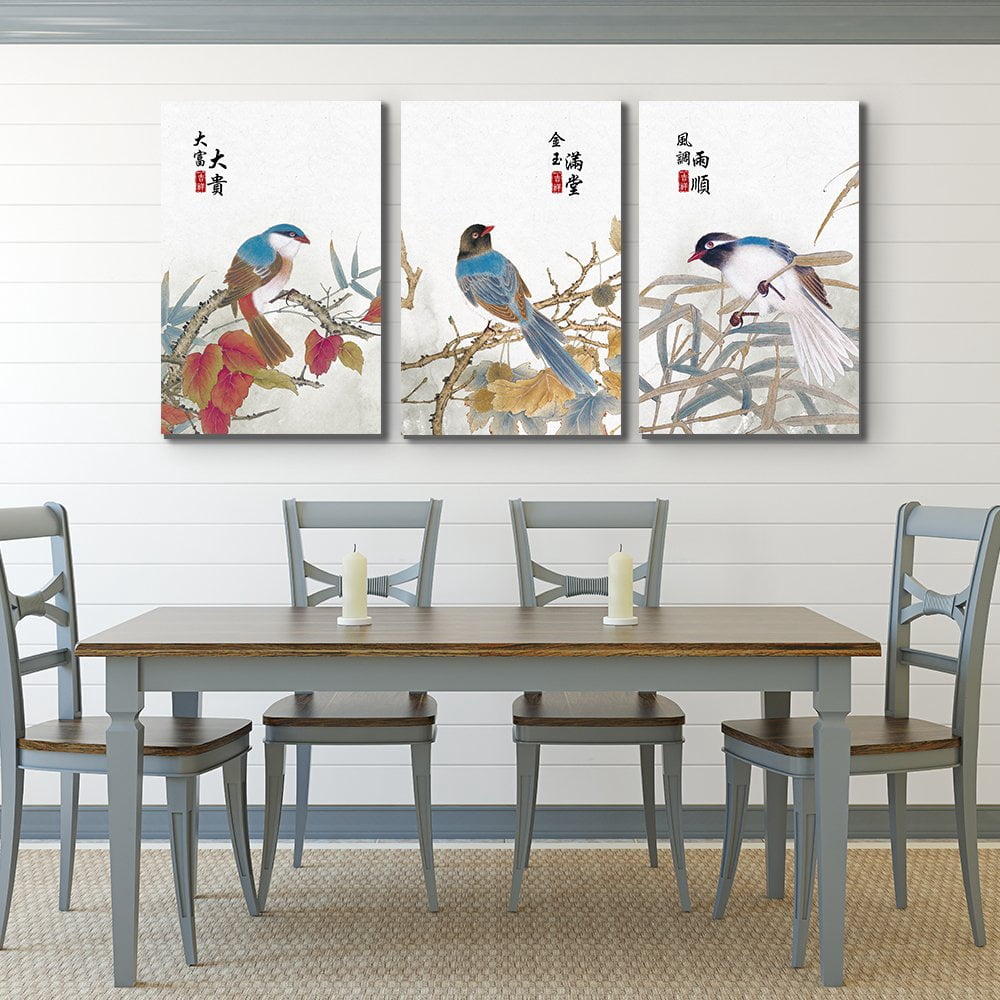 wall26 - 3 Panel Canvas Wall Art - Colorful Birds Sitting on Branches ...