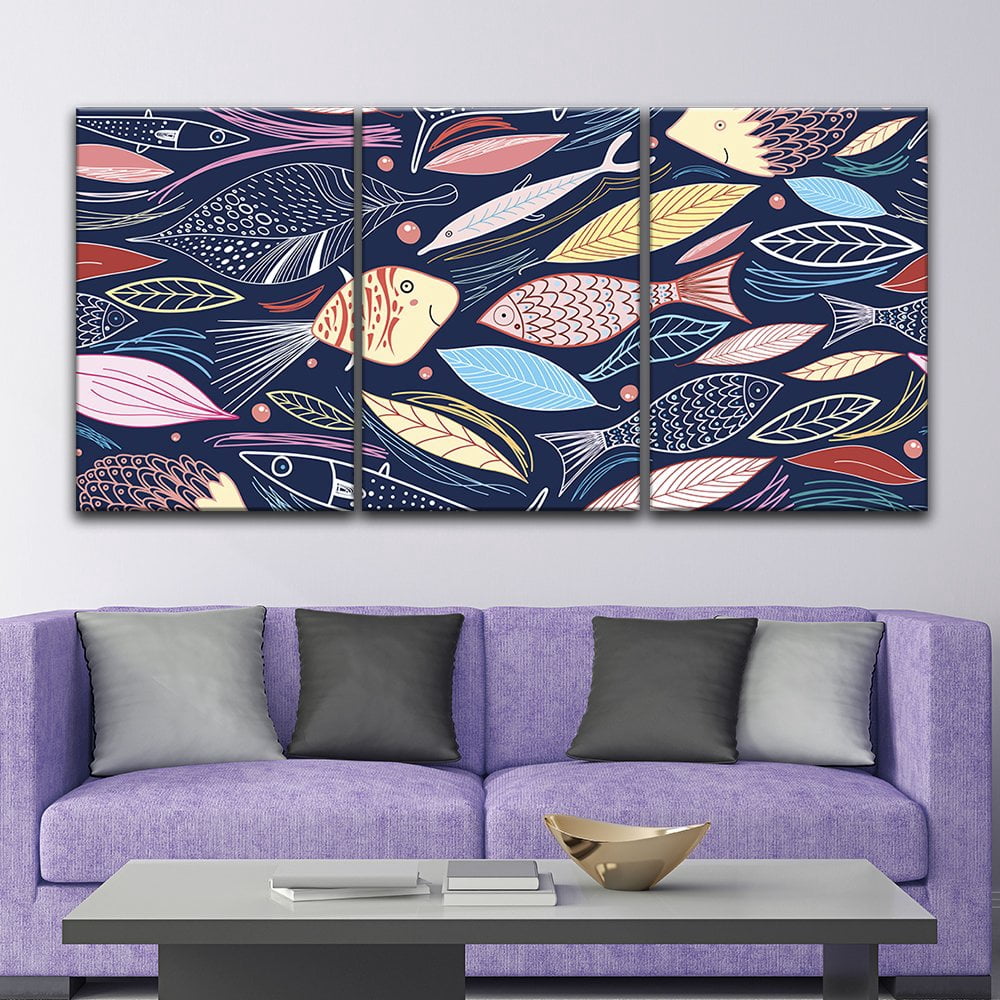 wall26 3 Panel Canvas Wall Art - Colorful Fish and Leaf Patterns ...