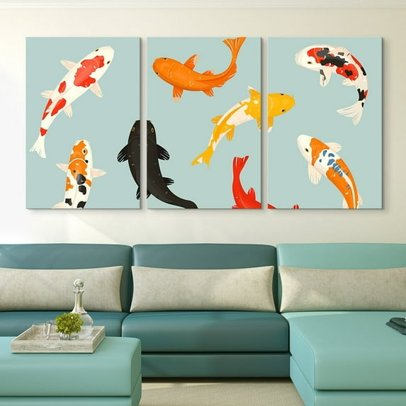 wall26 3 Panel Canvas Wall Art - Colorful Goldfish - Giclee Print Gallery Wrap Modern Home Art Ready to Hang - 16"x24" x 3 Panels