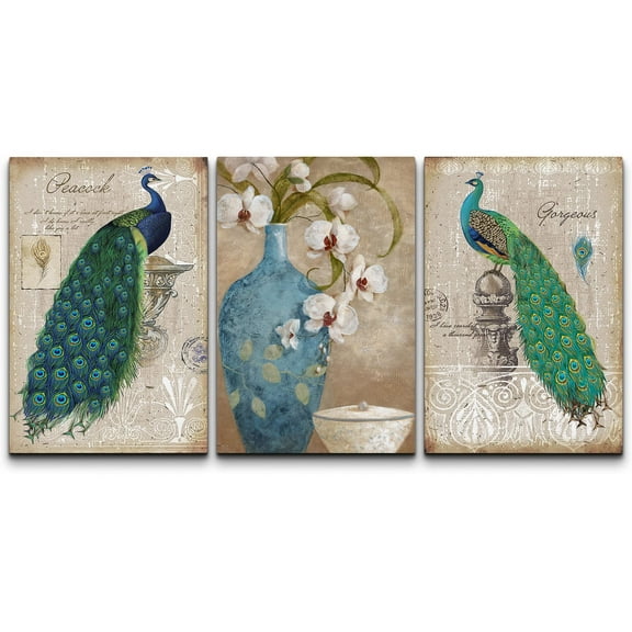 wall26 - 3 Panel Canvas Wall Art - Decorative Peacock Canvas Art Set - Giclee Print Gallery Wrap Modern Home Art Ready to Hang - 24"x36" x 3 Panels