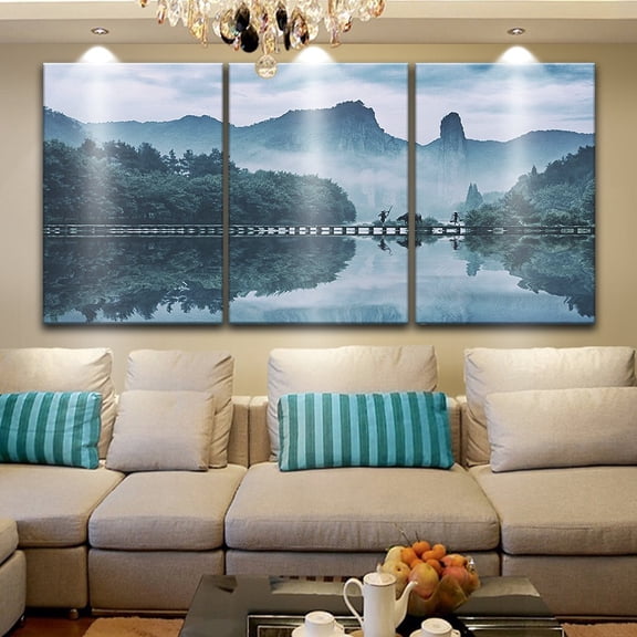 wall26 3 Panel Canvas Wall Art - Exotic Style Chinese Farmers on The Bridge Among Mountains - Giclee Print Gallery Wrap Modern Home Art Ready to Hang - 16"x24" x 3 Panels