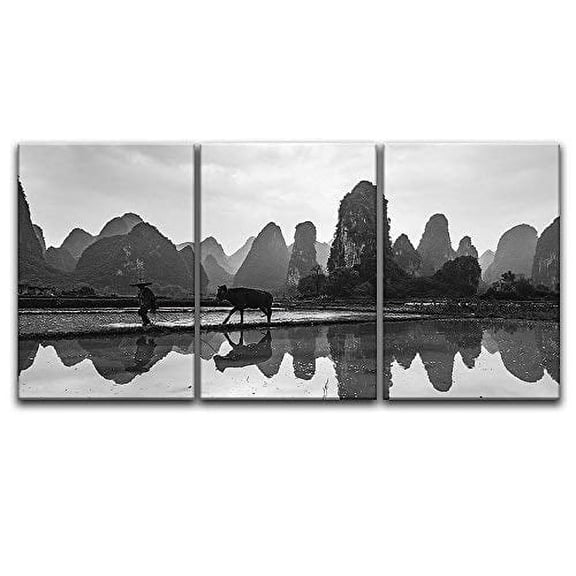wall26 3 Panel Canvas Wall Art - Farmer Leading a Cow on The Rice Farmland in Mountains - Giclee Print Gallery Wrap Modern Home Art Ready to Hang - 16"x24" x 3 Panels
