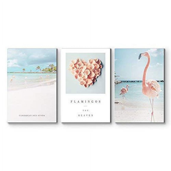 wall26 - 3 Panel Canvas Wall Art - Flamingo Triptych Series | Caribbean Red Stork on Beach in Heaven - Giclee Print Gallery Wrap Modern Home Art Ready to Hang - 24"x36" x 3 Panels
