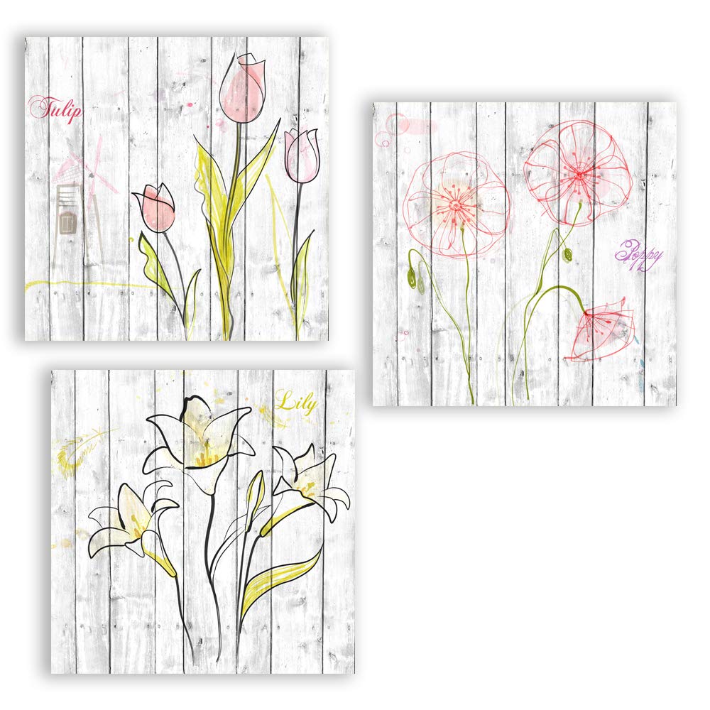 wall26 3 Panel Canvas Wall Art Flowers on Vintage Wood Background ...