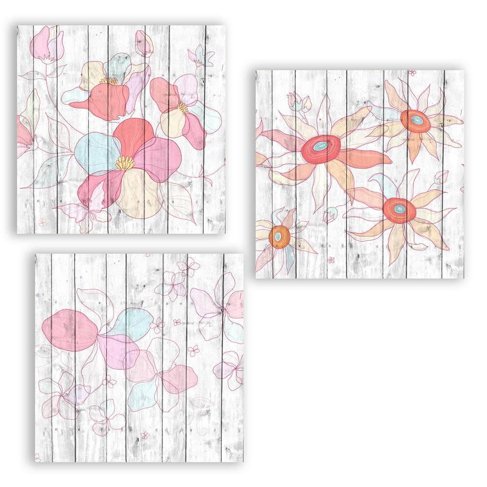 wall26 3 Panel Canvas Wall Art Flowers on Vintage Wood Background ...