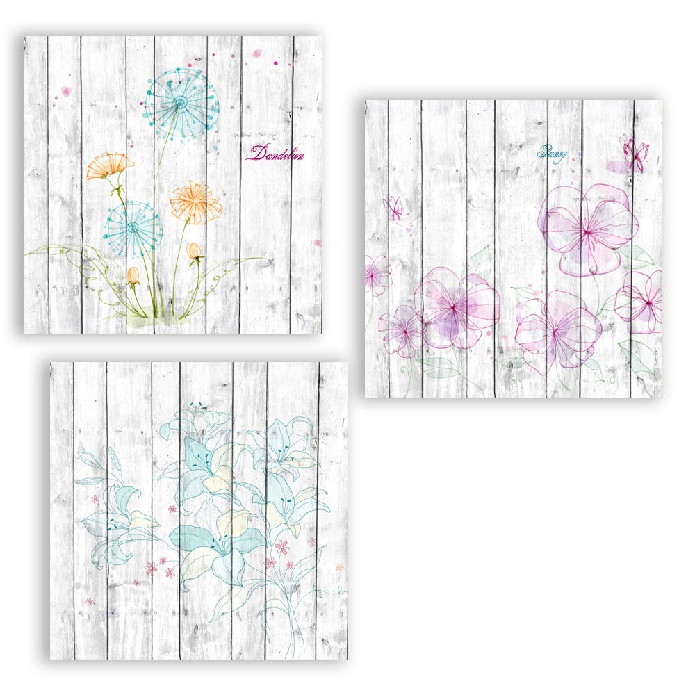 wall26 3 Panel Canvas Wall Art Flowers on Vintage Wood Background ...