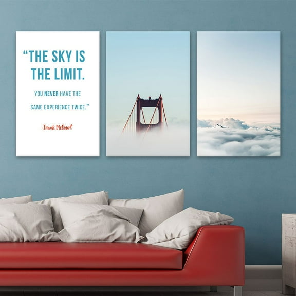 wall26 - 3 Panel Canvas Wall Art - Golden Gate Bridge and Mountain Among Clouds and Inspirational Quotes - Giclee Print Gallery Wrap Modern Home Art Ready to Hang - 16"x24" x 3 Panels