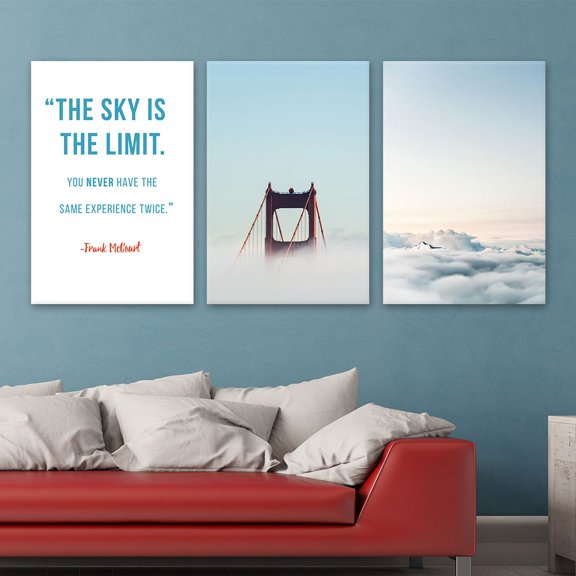 wall26 - 3 Panel Canvas Wall Art - Golden Gate Bridge and Mountain Among Clouds and Inspirational Quotes - Giclee Print Gallery Wrap Modern Home Art Ready to Hang - 24"x36" x 3 Panels